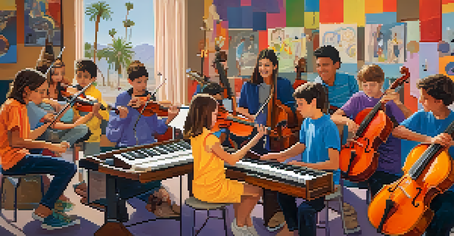 Young musicians practicing together in a community music program in a bright and colorful room filled with instruments.