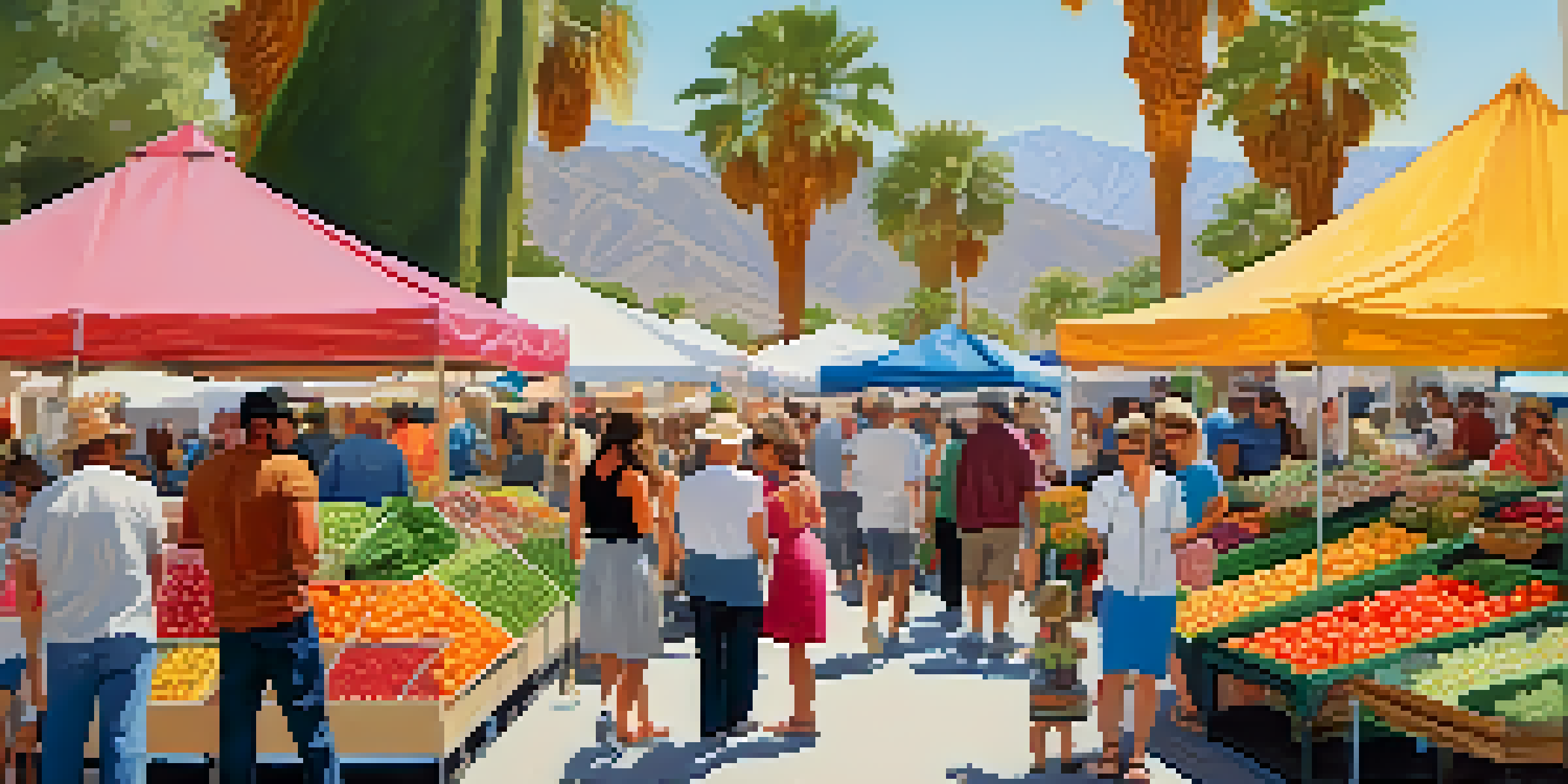 A bustling farmers market in Palm Springs featuring fresh fruits, vegetables, and flowers, with people engaging with local vendors.
