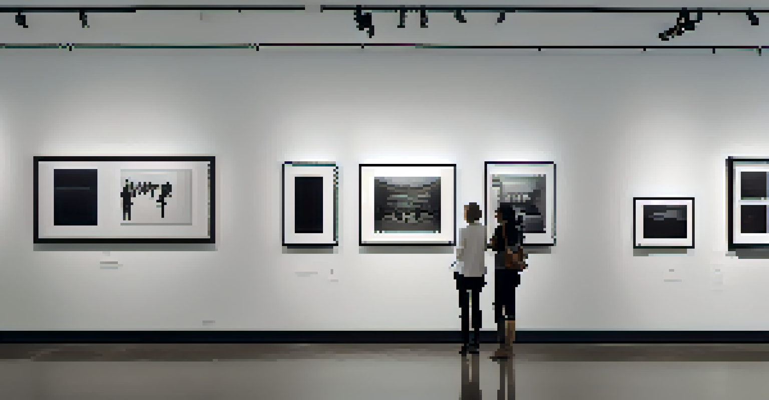 The interior of The Galen art space showcases contemporary photography, with visitors engaged in discussions amidst a minimalist design.