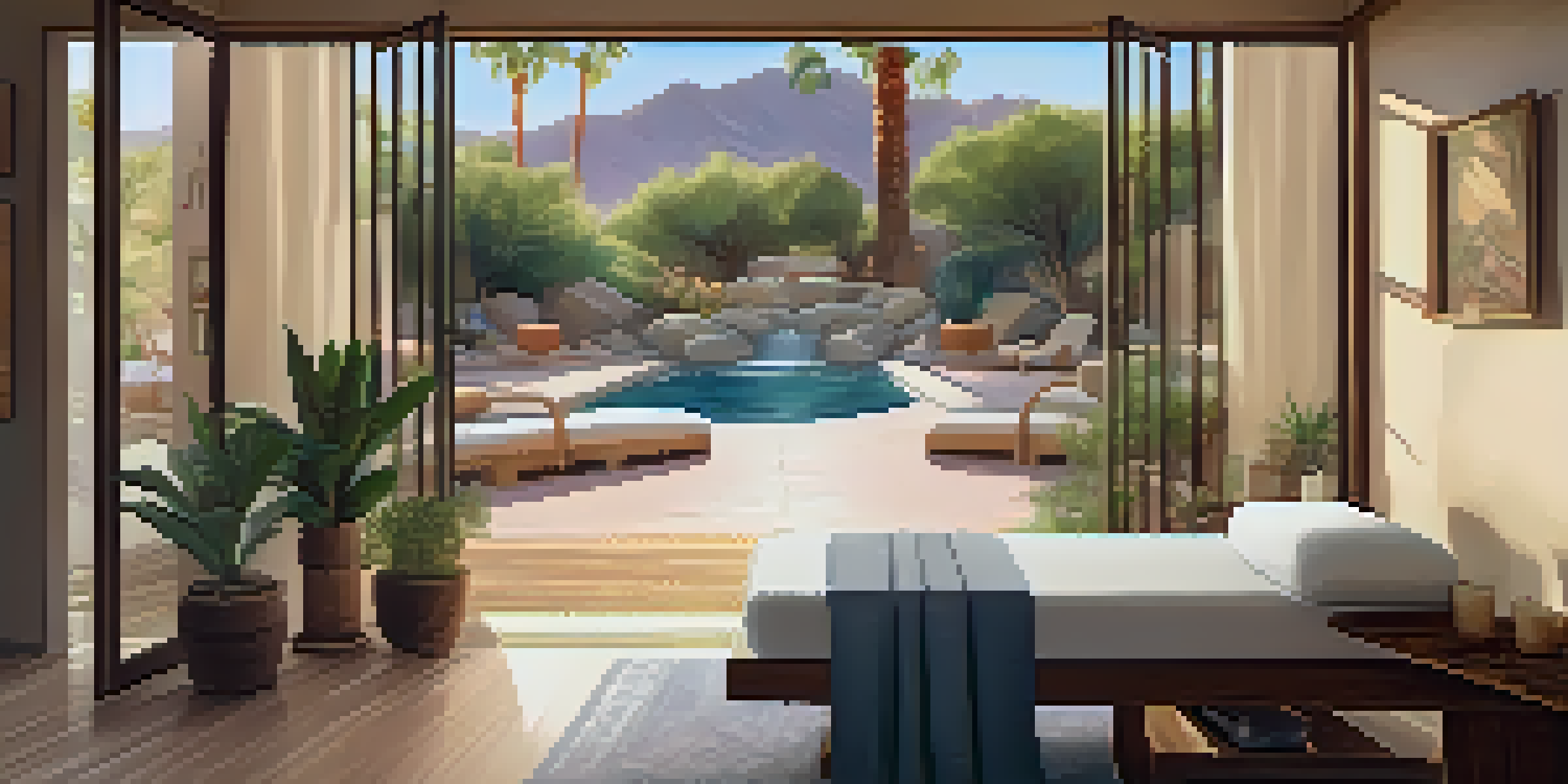 A peaceful spa treatment room with a wooden massage table, plants, and candles in Palm Springs.