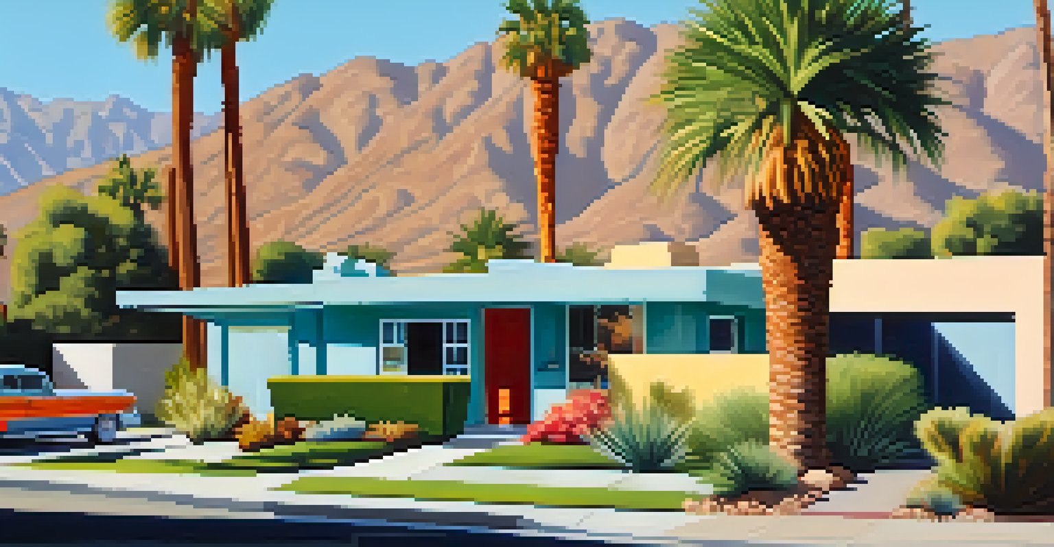 A street view of mid-century modern homes in Palm Springs with palm trees and residents enjoying the sunny day.