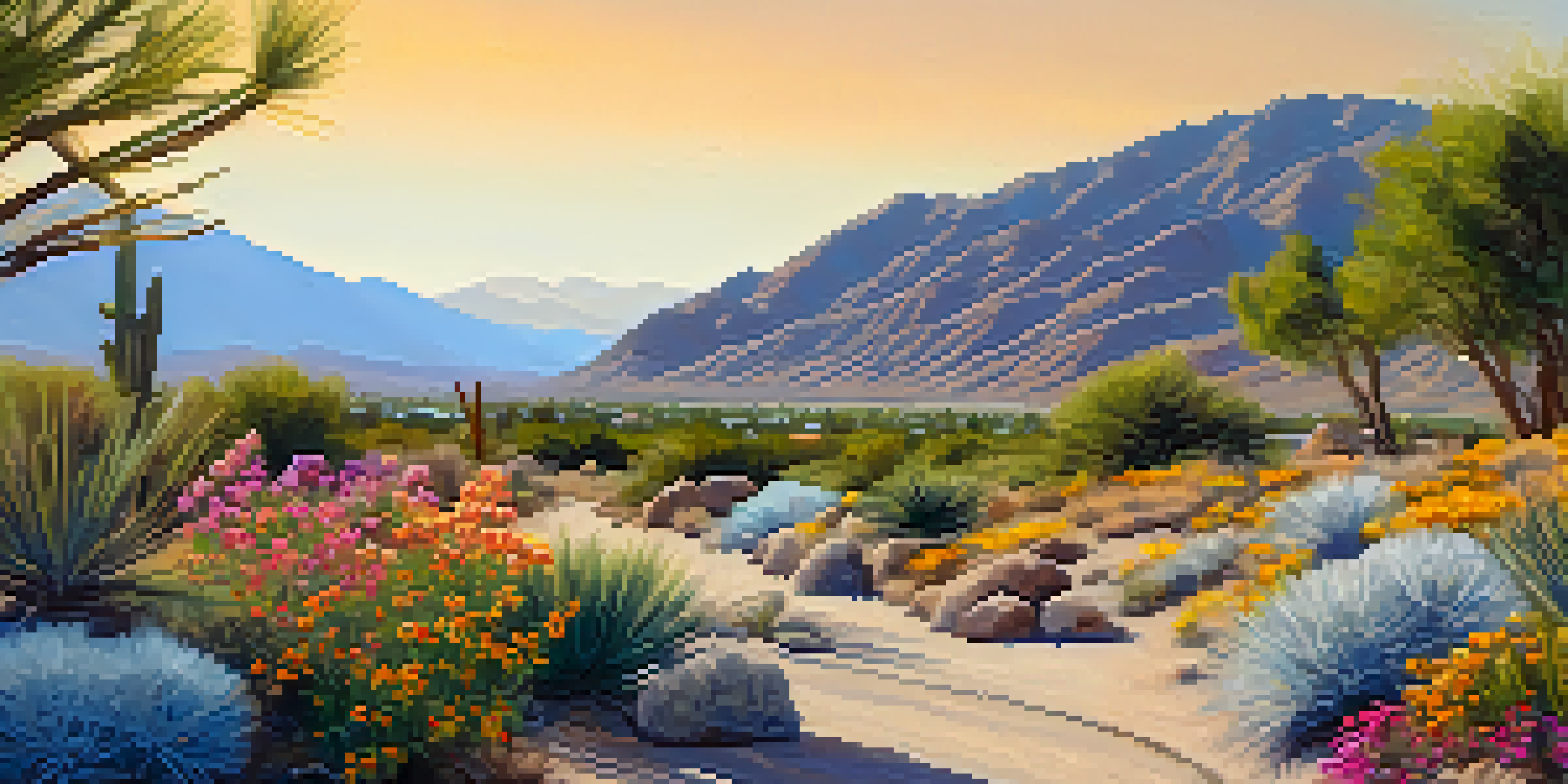 A picturesque hiking trail in Palm Springs with desert plants, rocky ground, and mountains in the background under a bright blue sky.