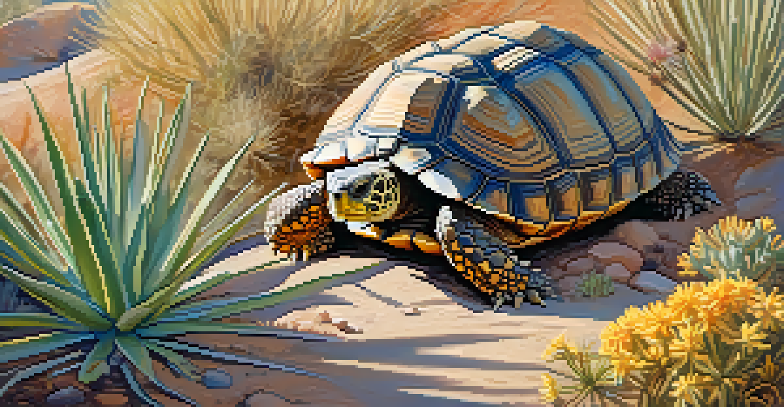 A desert tortoise resting in the shade with desert plants around it, bathed in the warm light of the late afternoon sun.