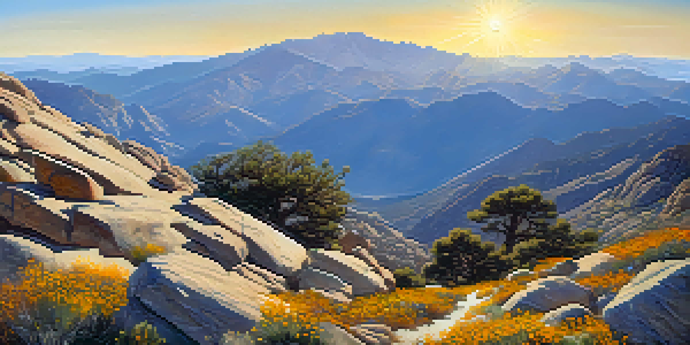 A stunning view of Mount San Jacinto with hikers on a trail surrounded by wildflowers under a blue sky.