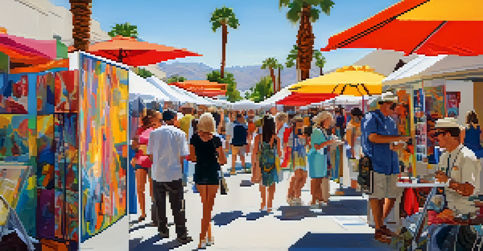 An art fair in Palm Springs with booths displaying various artworks and visitors interacting with artists.