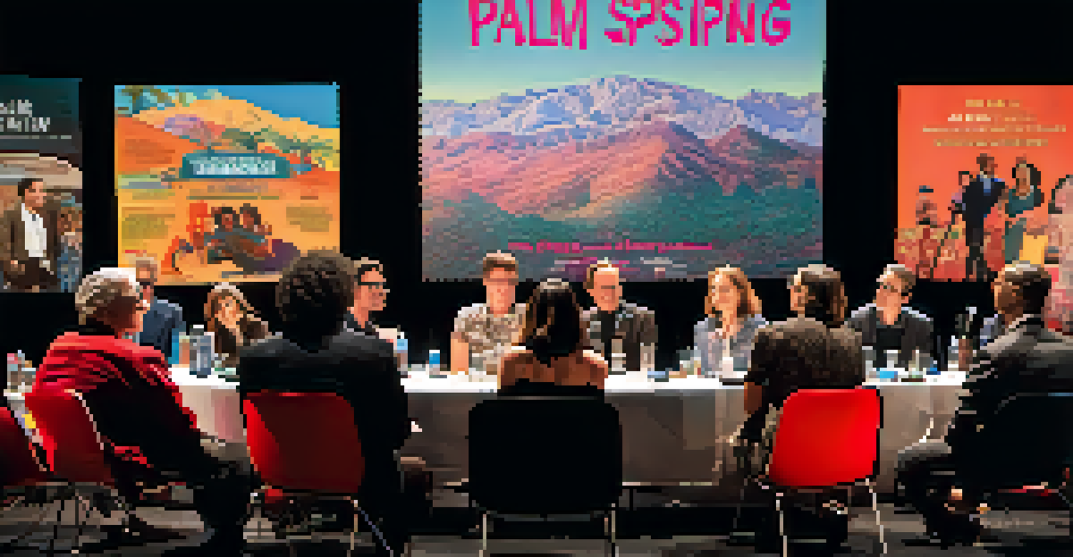 A panel discussion at the Palm Springs International Film Festival with filmmakers speaking passionately in front of an engaged audience and film posters in the background.