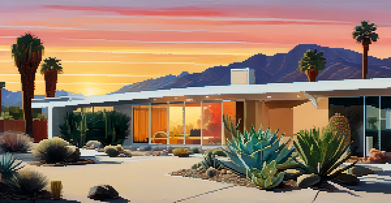 A mid-century modern house in Palm Springs surrounded by desert plants, illuminated by a warm sunset sky.