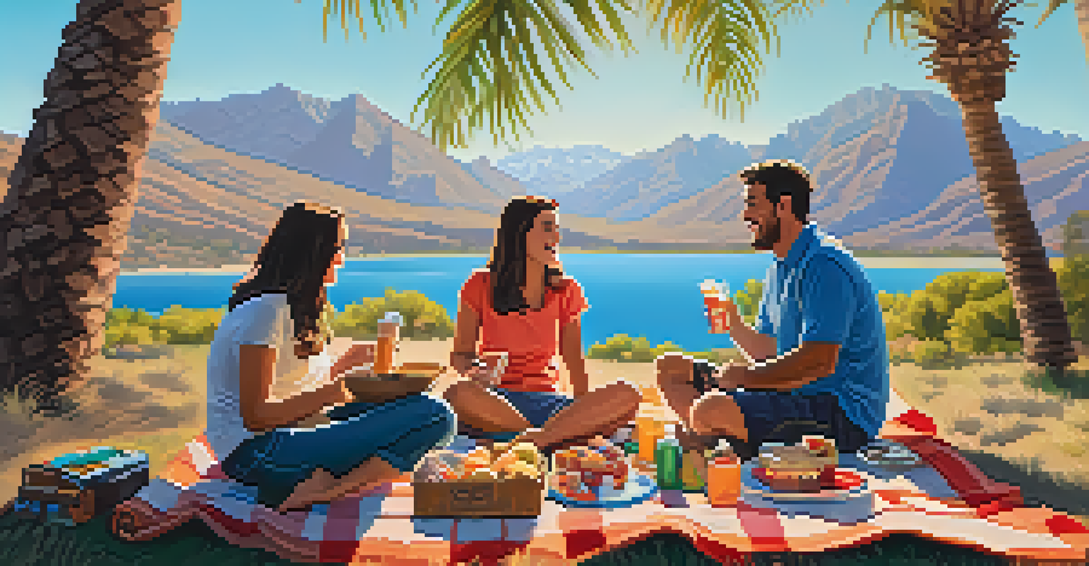 A family enjoying a picnic in the desert after a hike, with snacks on a blanket and palm trees in the background during sunset.