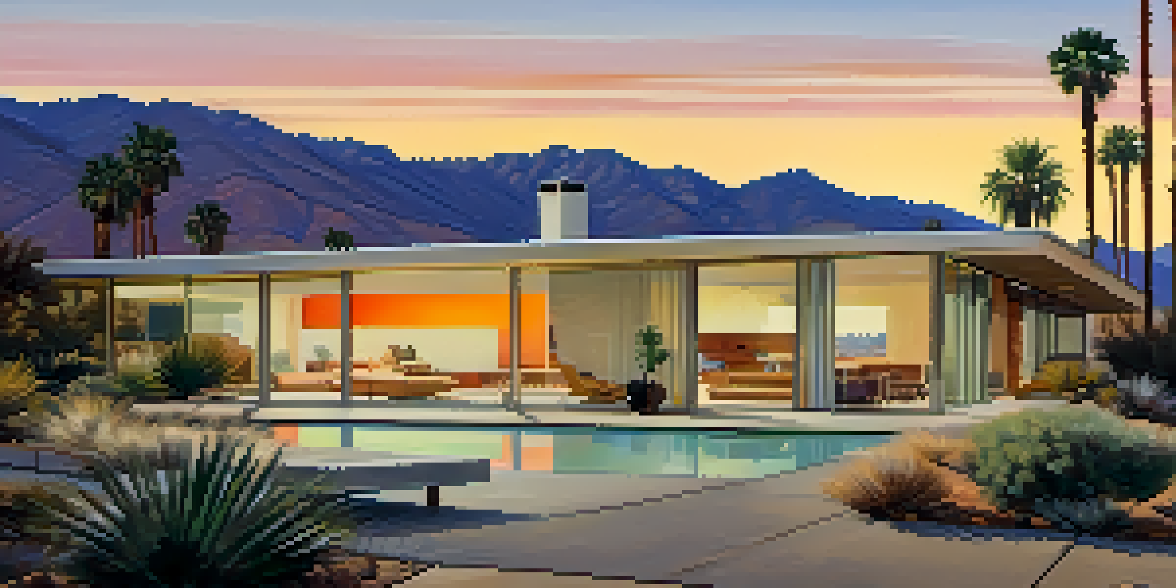 A mid-century modern house with large glass windows surrounded by a desert landscape at sunset.
