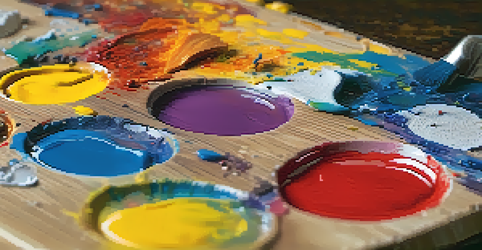 A close-up of a colorful artist's palette with paints, set against a blurred canvas in the background.