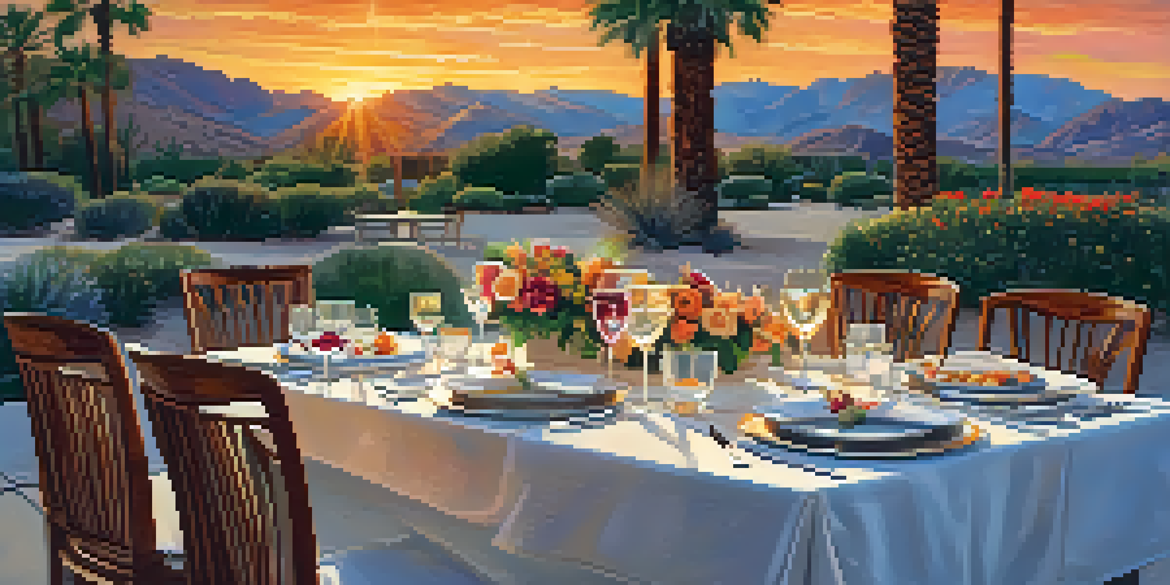 An outdoor dining setup with a table set for dinner at sunset, surrounded by a desert landscape.