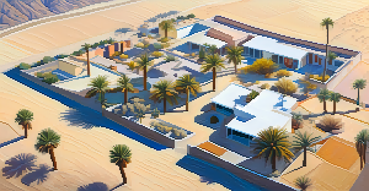 An aerial view of Palm Springs, displaying a vibrant art installation in the desert, contrasting with the sandy terrain and long shadows from the warm sun.