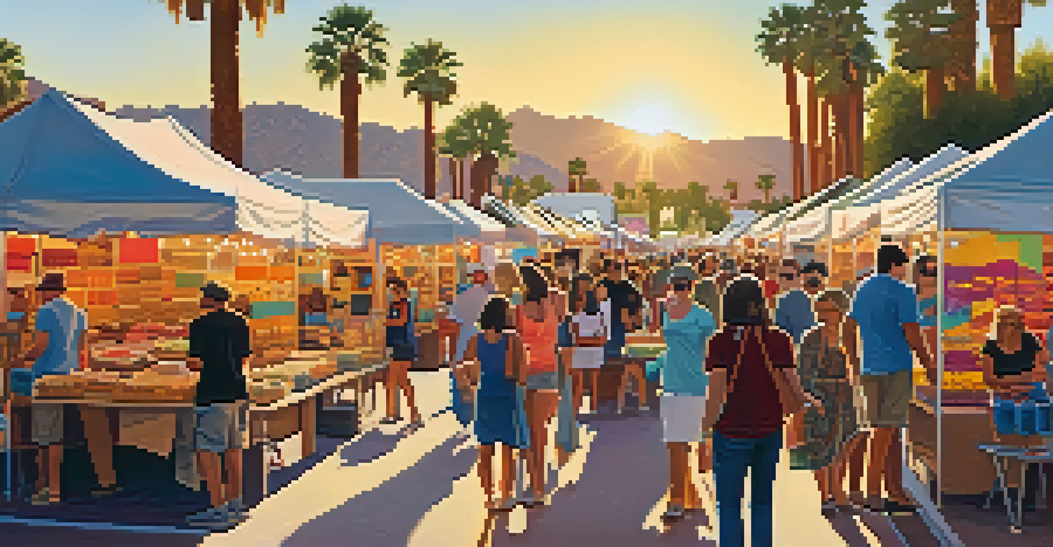 A vibrant marketplace at a music festival in Palm Springs, filled with local vendors and festival-goers enjoying crafts and food under a sunny sky.