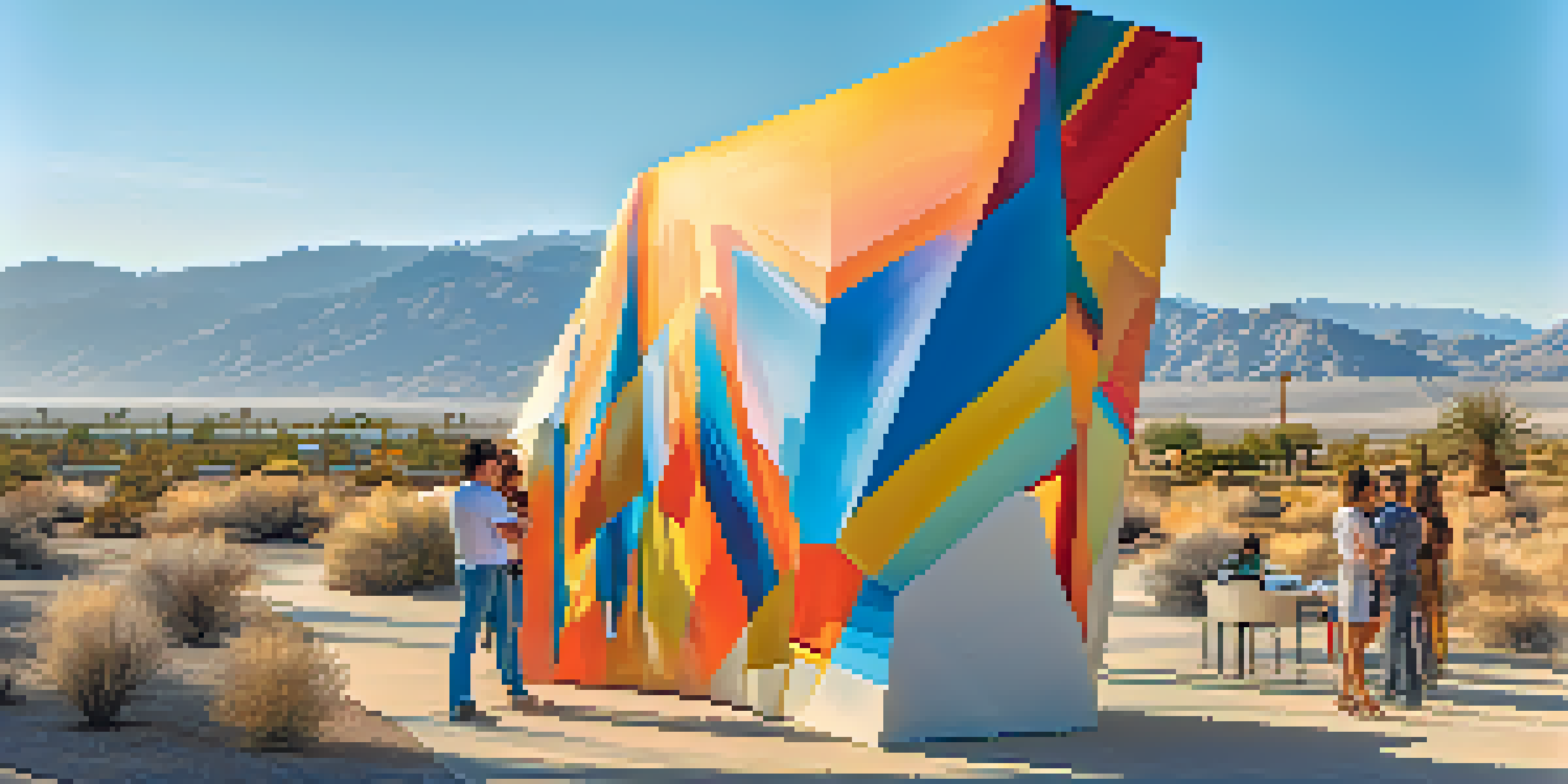 An outdoor art installation at Desert X showcases large sculptures in the desert landscape, with visitors taking photos and mountains in the background.