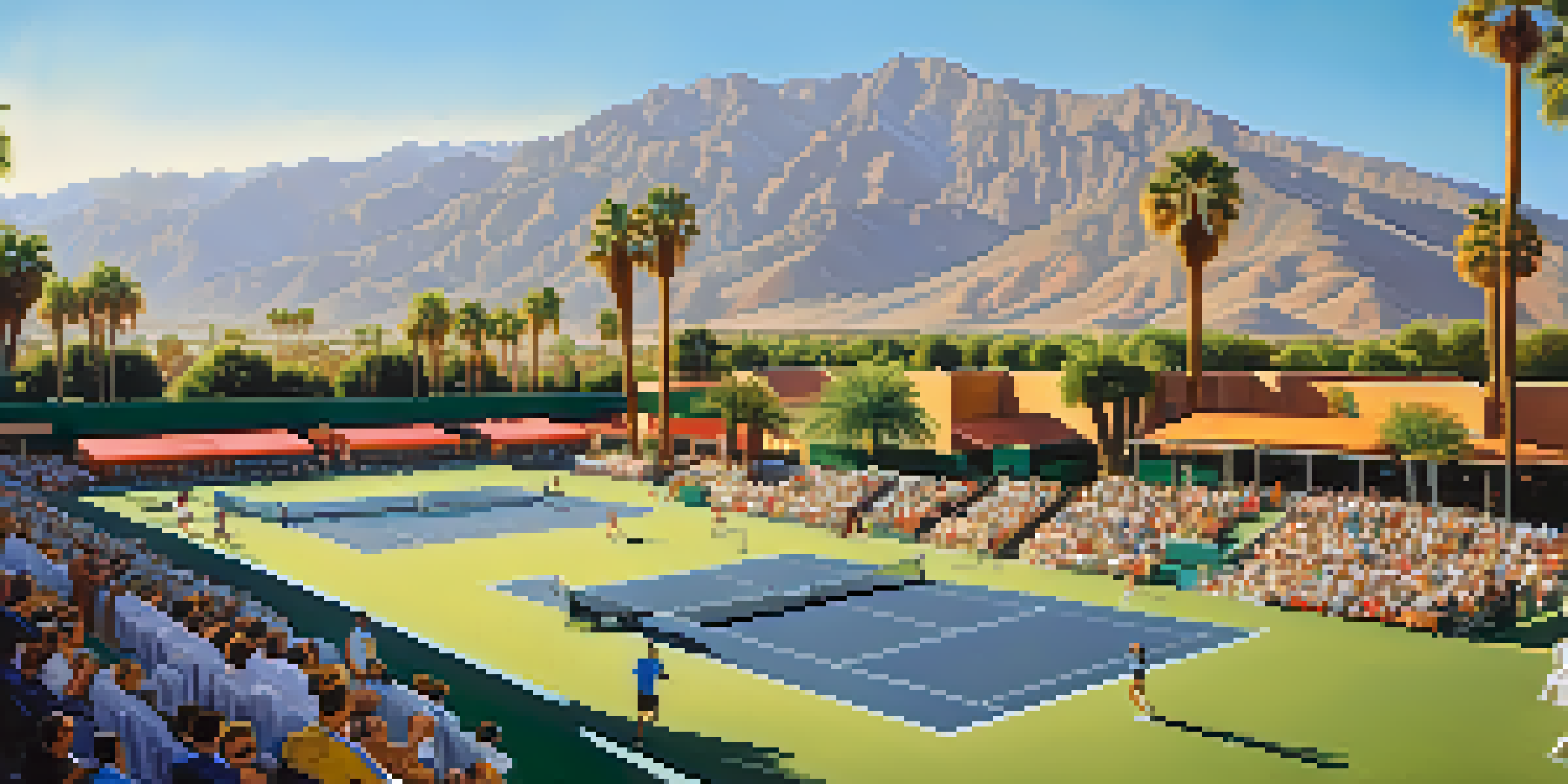 A tennis match at the Palm Springs Tennis Club with players in action, surrounded by palm trees and mountains.