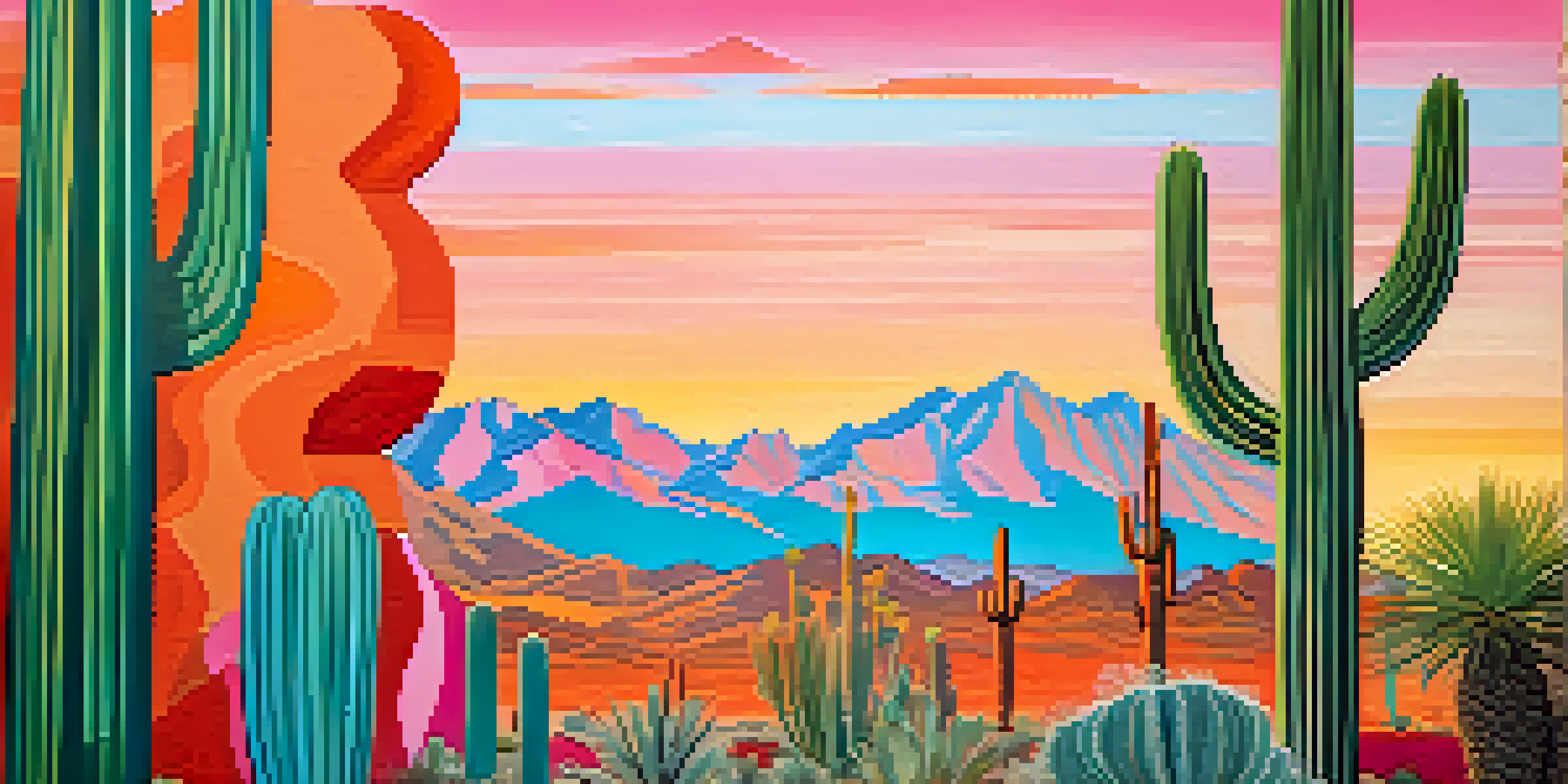 A large mural depicting abstract forms and desert elements in bright colors, with a sunset and cacti in the background.