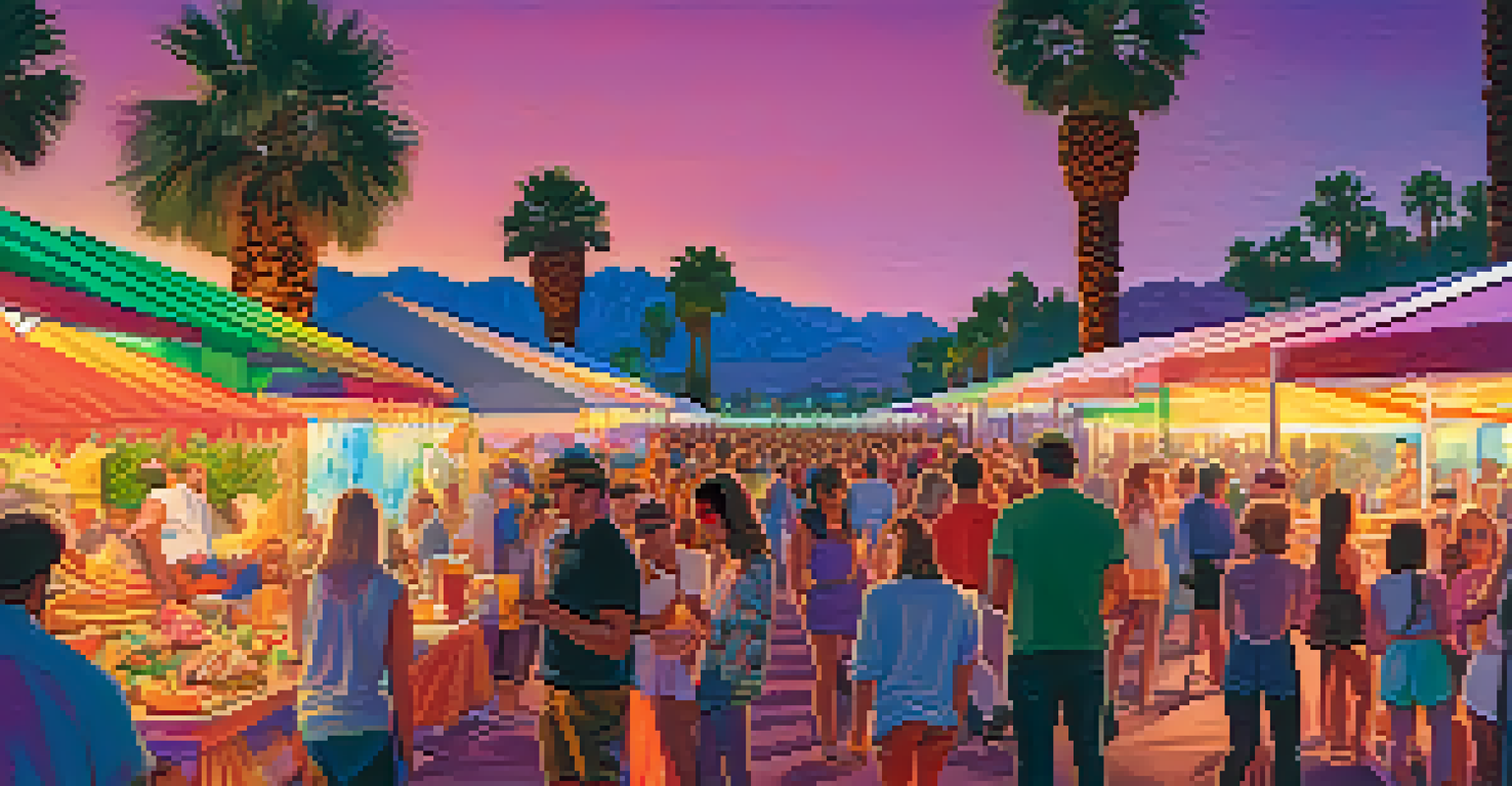 A modern festival in Palm Springs during the 2020s, with interactive art installations, local food vendors, and colorful LED lights as evening descends, featuring a diverse crowd.