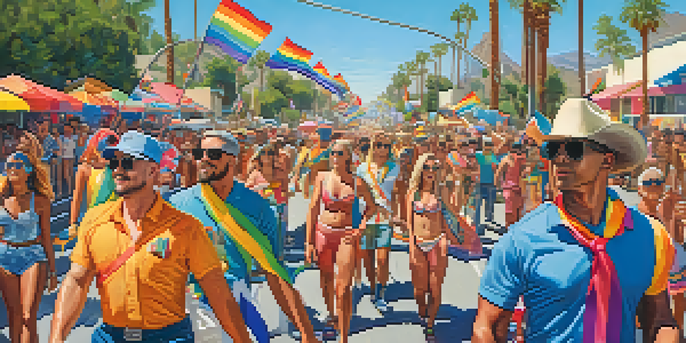 A colorful parade during Palm Springs Pride with people celebrating diversity and love, surrounded by rainbow flags and lively performances.