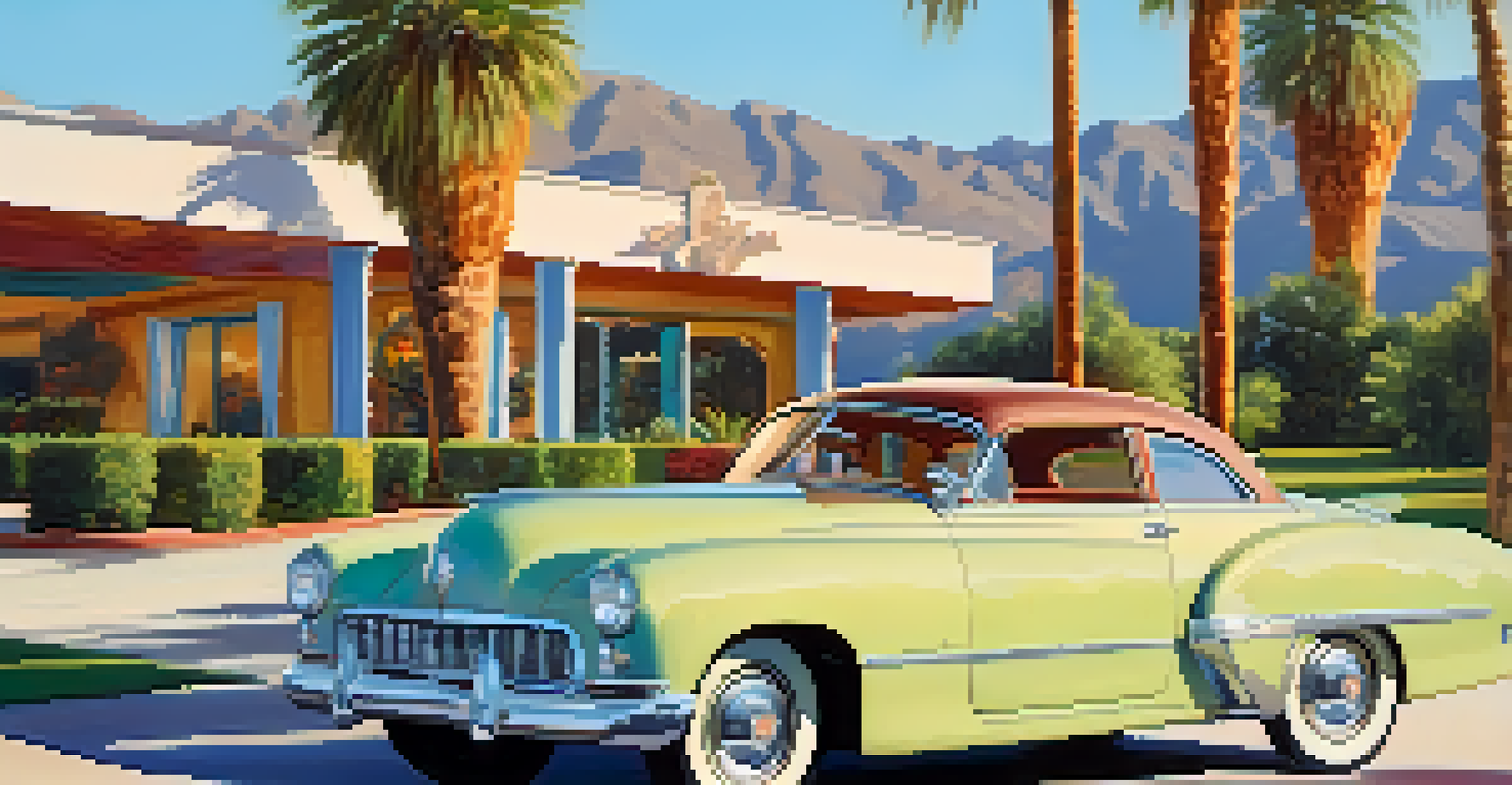 A vintage car in front of a luxurious Palm Springs resort surrounded by greenery and a blue sky, reflecting the glamour of Hollywood.