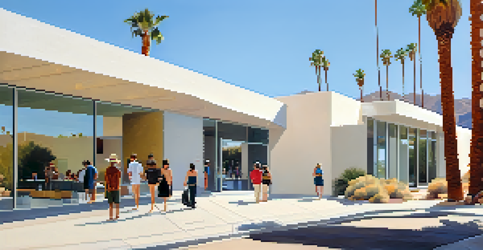 The Palm Springs Art Museum's modern architecture, blending with the desert, with people exploring outside on a sunny day.
