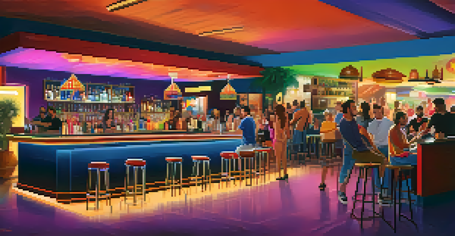 A vibrant bar scene in Palm Springs with LGBTQ+ patrons enjoying drinks and live music in a colorful and welcoming environment.