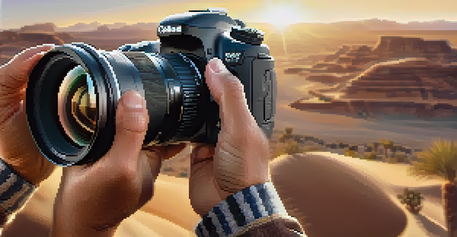 A close-up of a photographer's hands adjusting a camera in a desert setting.