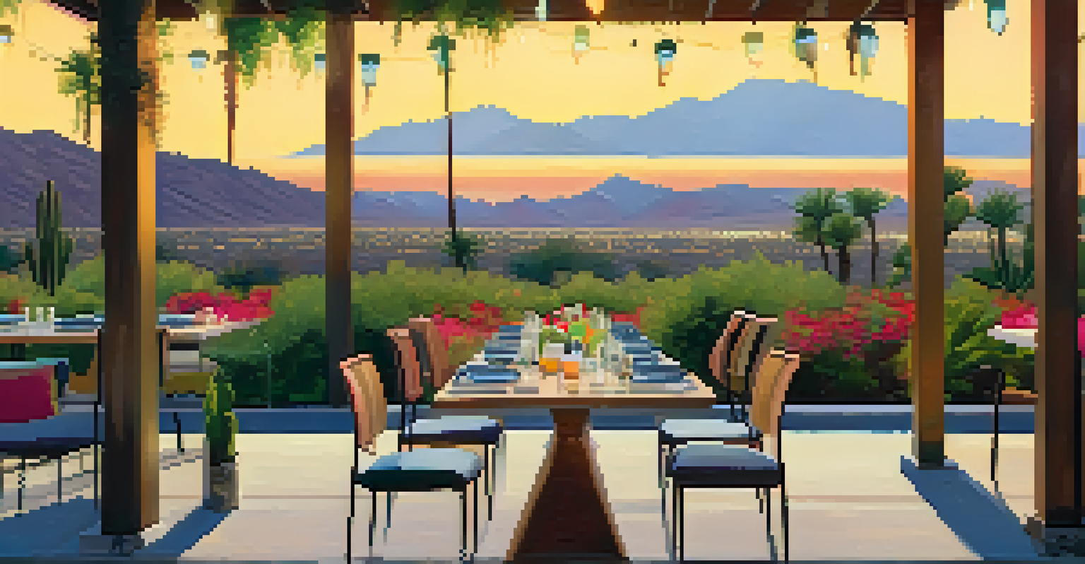 An outdoor dining table at a restaurant in Palm Springs, adorned with colorful dishes and surrounded by greenery, with desert mountains in the background.