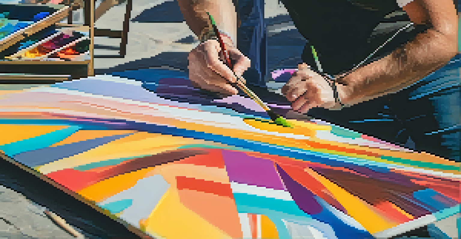 A local artist painting an abstract piece during the Palm Springs Art Walk, surrounded by bright colors and engaged visitors.