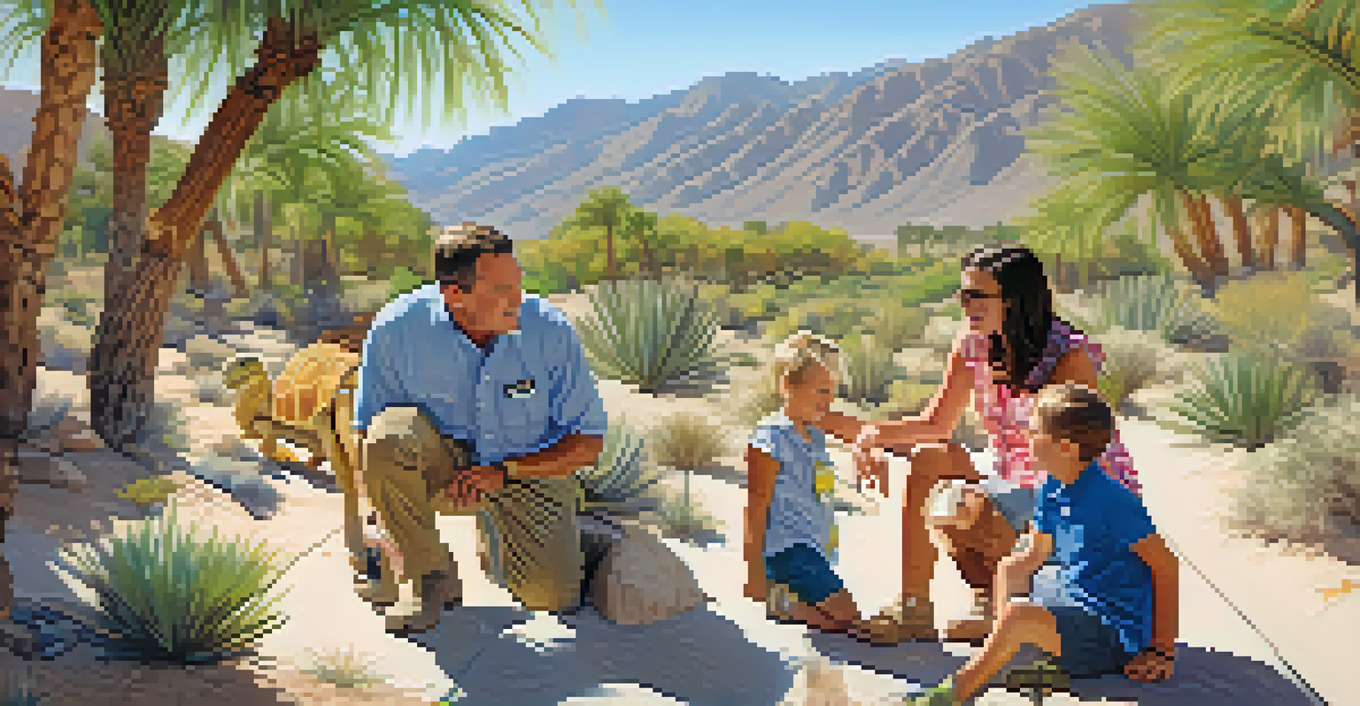 A family participating in a guided nature walk, observing a desert tortoise and learning about wildlife conservation in Palm Springs.