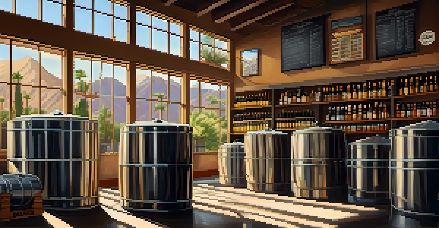 The interior of a Palm Springs brewery with brewing equipment, barrels, and sunlight streaming through the windows.