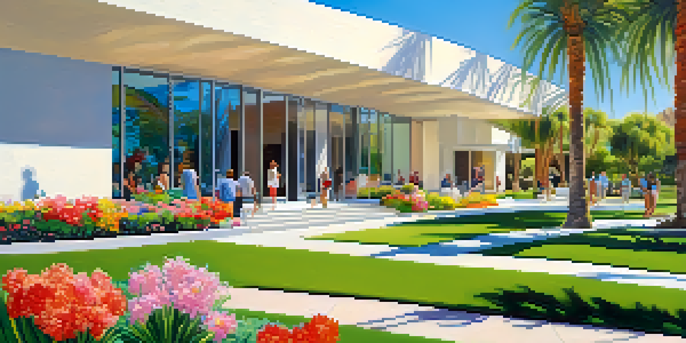 A lively spring atmosphere at Palm Springs Art Museum with blooming flowers, visitors participating in art workshops, and modern architecture in the background.