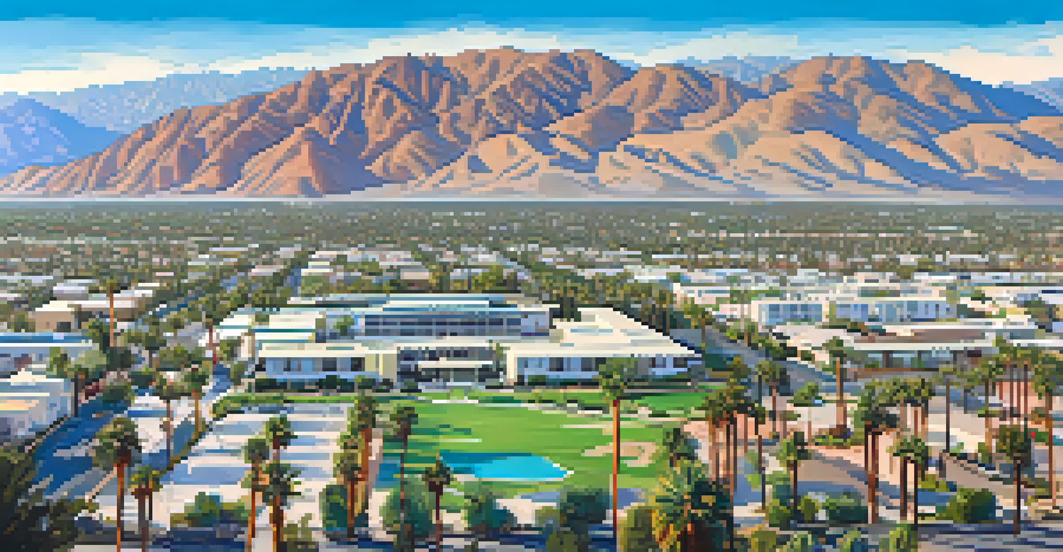 Aerial view of Palm Springs with desert landscape, Mid-Century Modern homes, lush golf courses, and the San Jacinto Mountains in the background under a sunny sky.