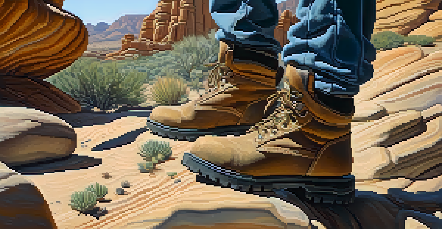 A close-up view of a hiker's boots on a desert trail, with rocks and plants around.