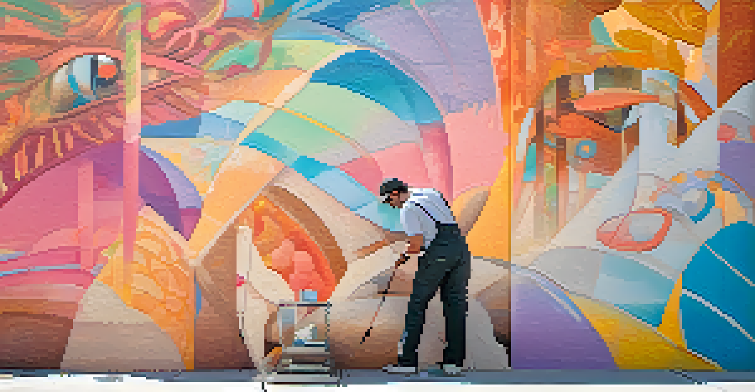 A local artist painting a mural in Palm Springs, surrounded by vibrant colors and paint splatters.