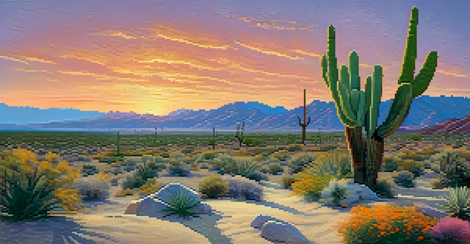 A peaceful desert scene with a Cahuilla elder surrounded by cacti and wildflowers at sunset, with a colorful sky.