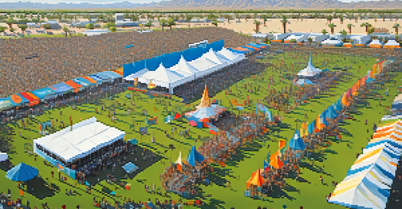 Aerial view of the Coachella Valley Music and Arts Festival, featuring large crowds and colorful art installations.