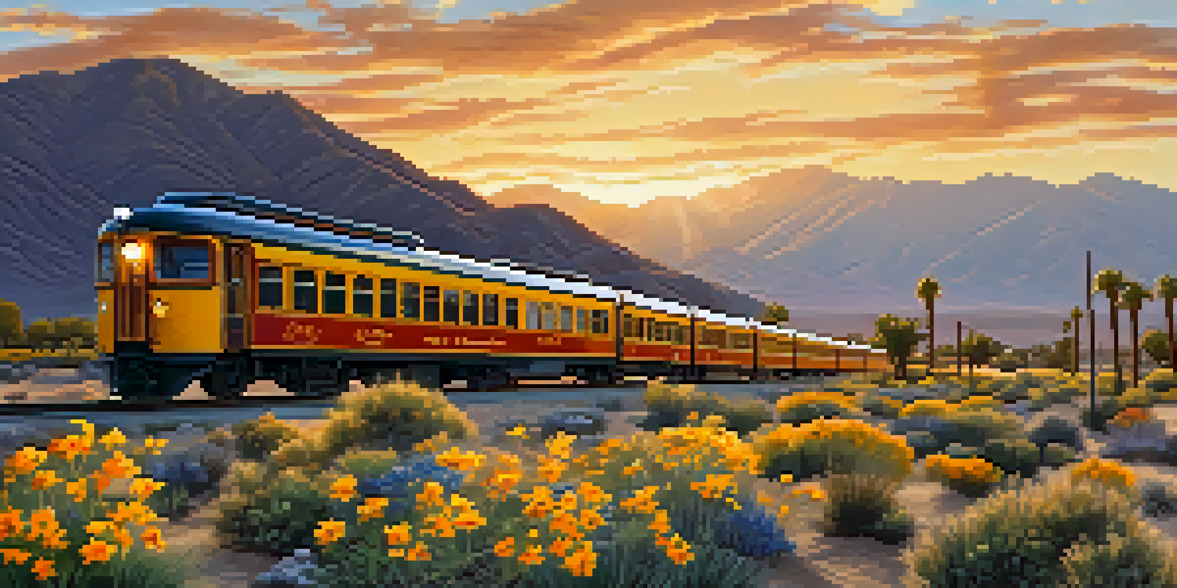 A vintage train traveling through the Coachella Valley with mountains in the background and wildflowers along the tracks during sunset.