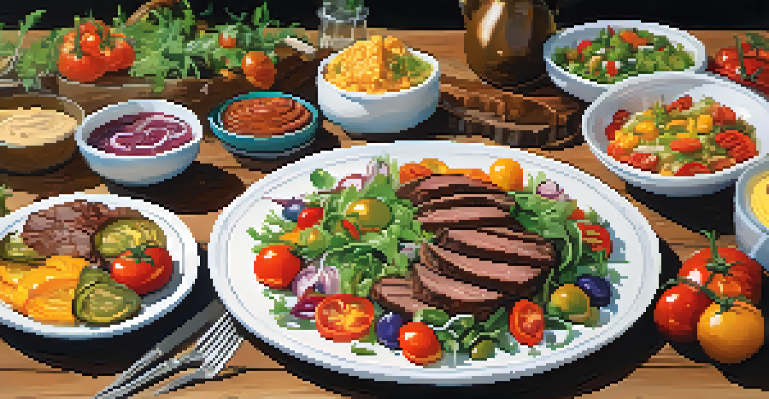 A table filled with various colorful dishes, including a salad, grilled vegetables, and steak, showcasing locally sourced ingredients.