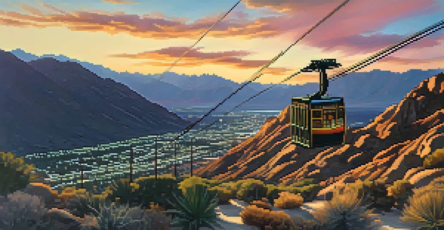 An aerial view of the Palm Springs Aerial Tramway at sunset, with colorful clouds and illuminated mountains in the background.