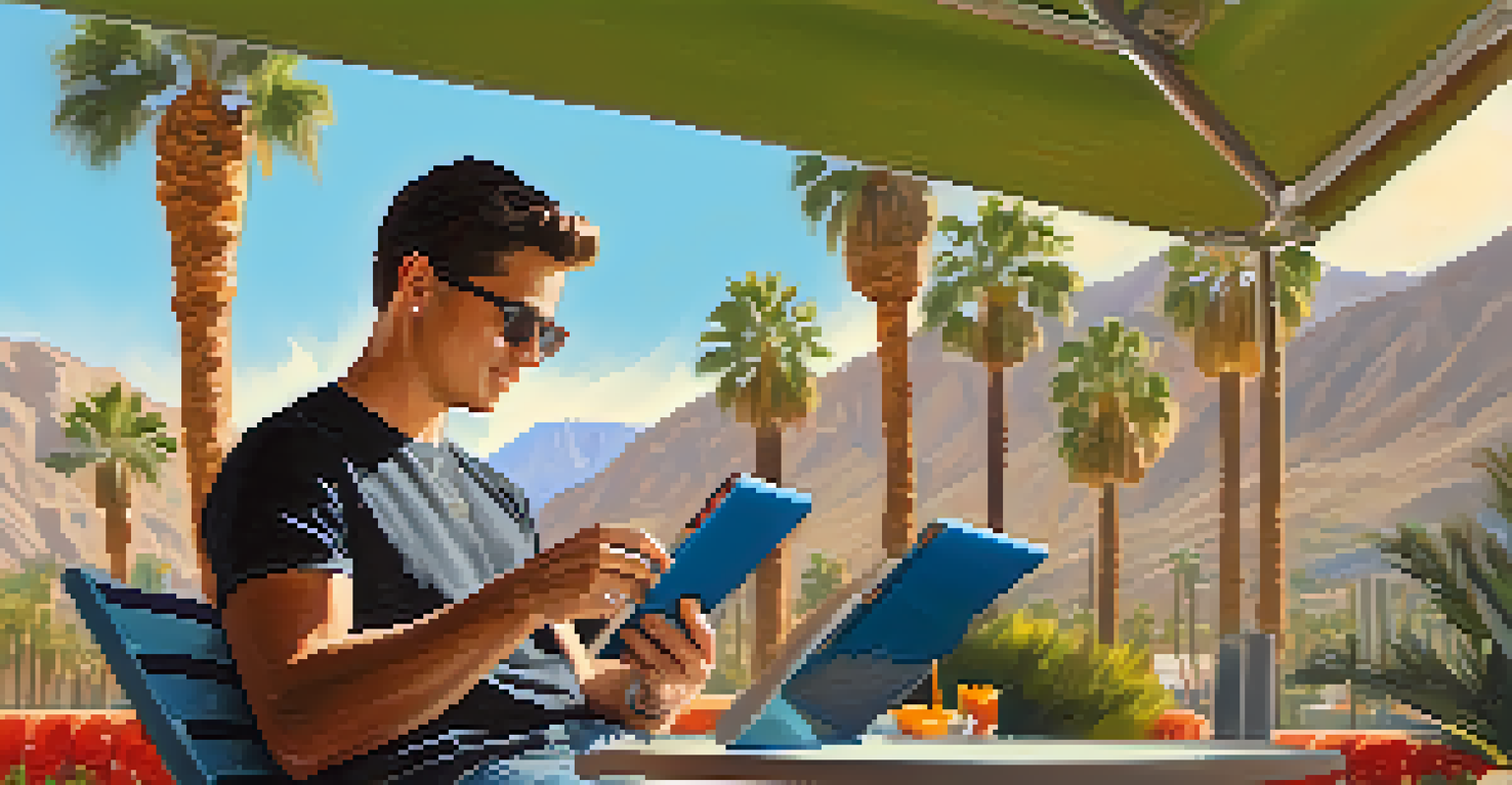A person on a patio engaging with a language learning app on a tablet, with palm trees and mountains in the background.