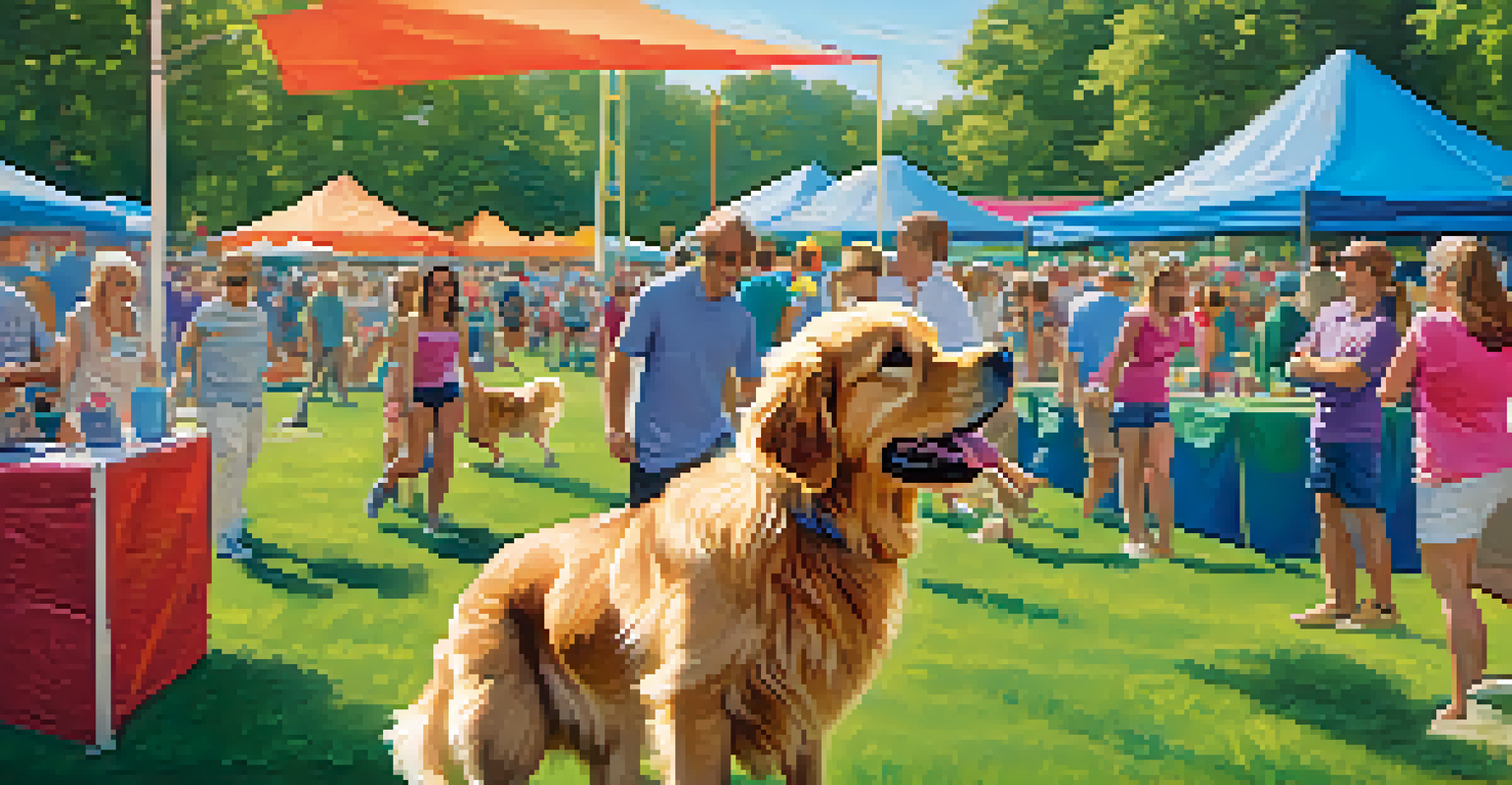 A golden retriever running through an agility course with pet owners cheering in a sunny park.