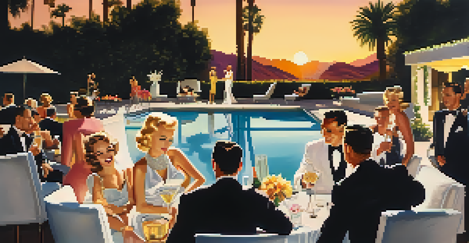 A glamorous Hollywood party scene with iconic stars by a luxurious poolside in Palm Springs during the Golden Age of Hollywood.