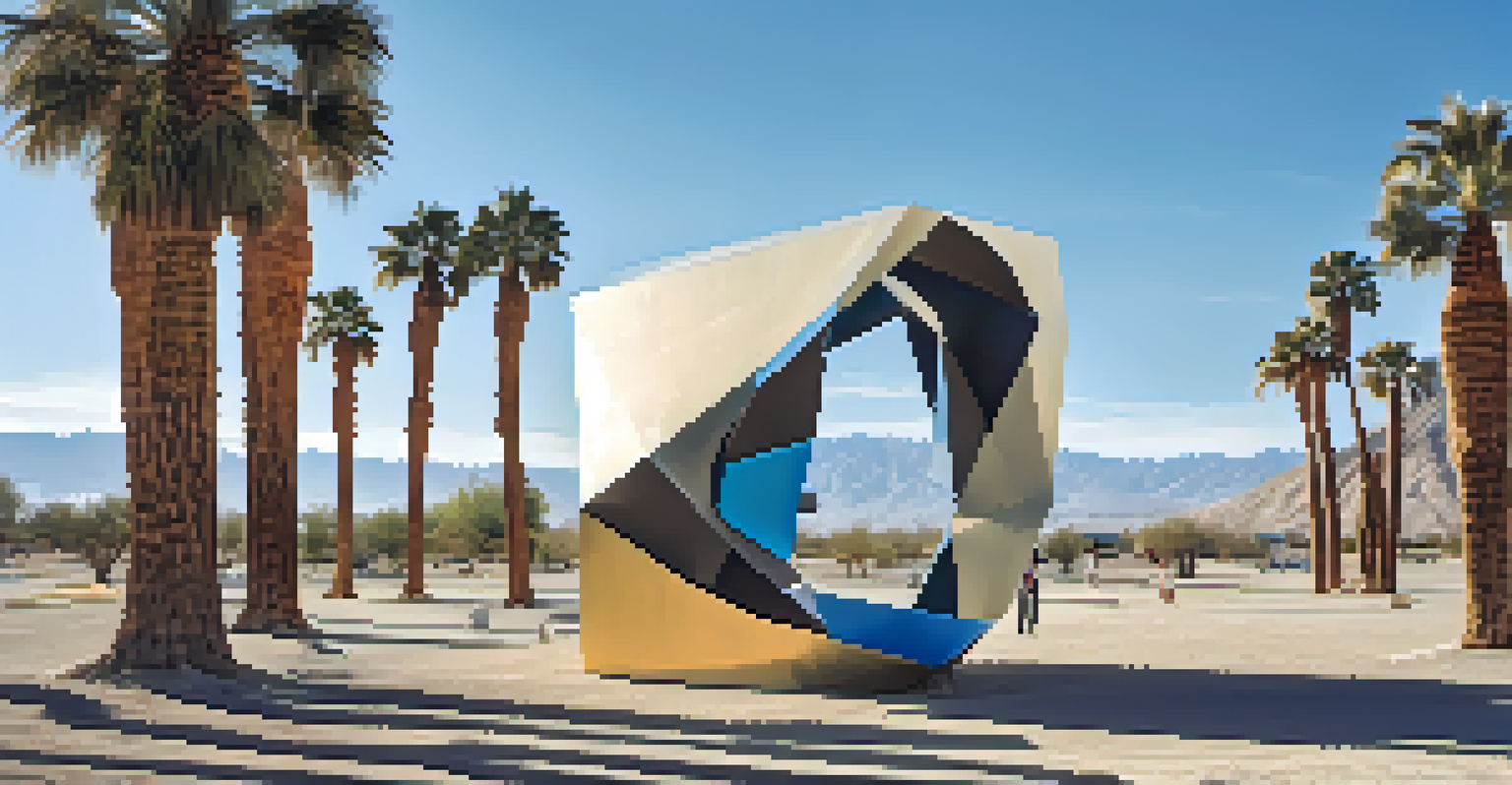 A large outdoor art installation in the desert, surrounded by natural landscapes and clear skies.