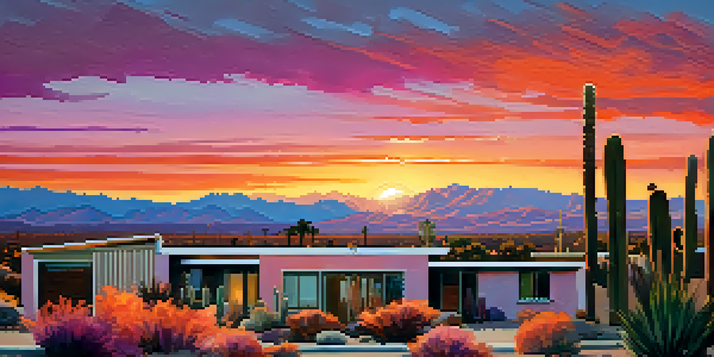 A colorful sunset over the Palm Springs desert with mid-century modern buildings silhouetted against the sky, surrounded by cacti and hills.