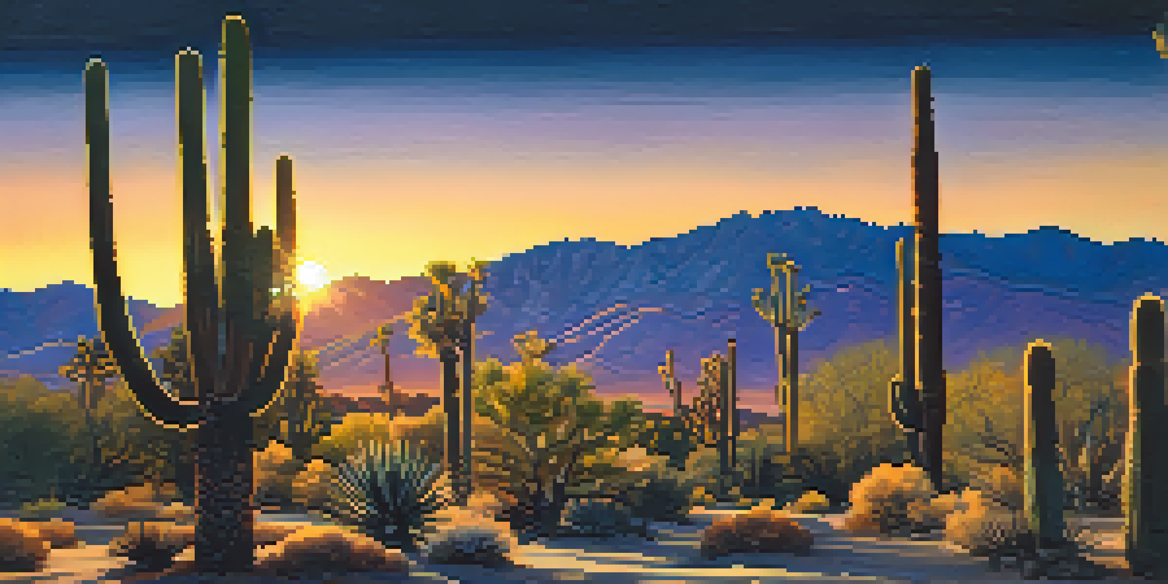 A beautiful sunset over a desert landscape in Palm Springs, featuring silhouetted cacti and mountains, with golden and blue hues in the sky.