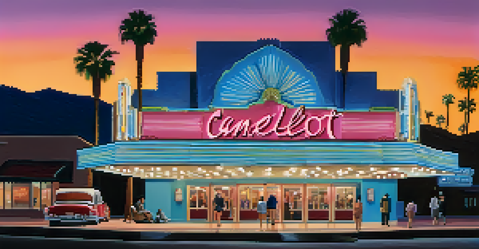 The exterior of the Camelot Theatre with neon lights and moviegoers at dusk.