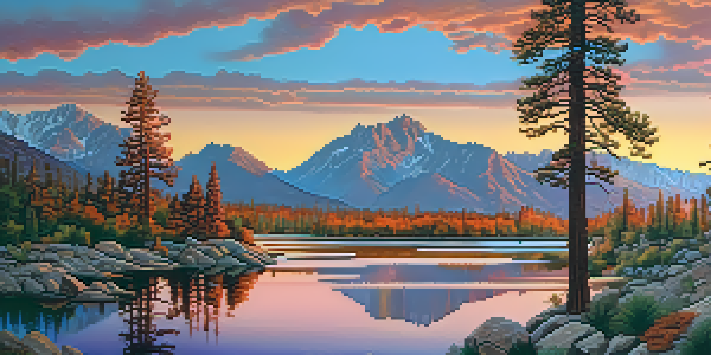 A stunning mountain landscape at sunrise with a lone hiker on a winding trail near a tranquil lake.