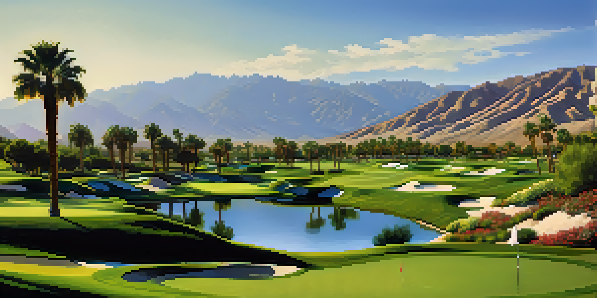 A scenic golf course in Palm Springs with mountains in the background, featuring green fairways and blue sky.