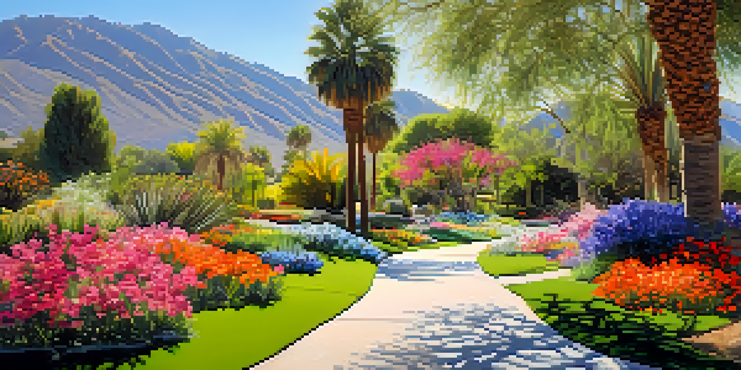 A colorful spring landscape at Palm Springs Botanical Gardens filled with blooming flowers and visitors enjoying the scenery.