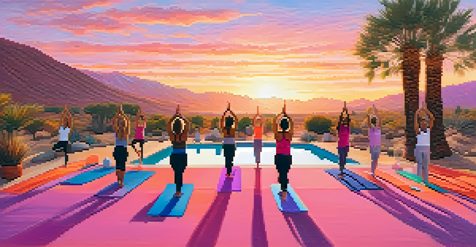 A group yoga class in a desert setting during sunset in Palm Springs, with colorful mats and participants practicing various poses.